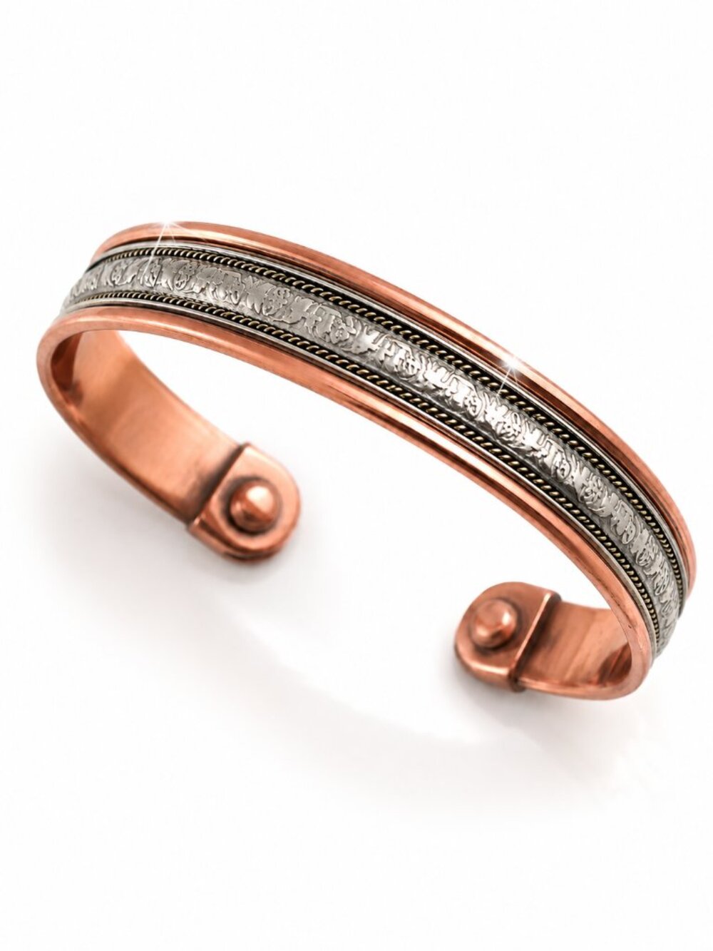 Copper Cuff Bracelet Unisex Silver Tone Engraved Adjustable Open Bangle